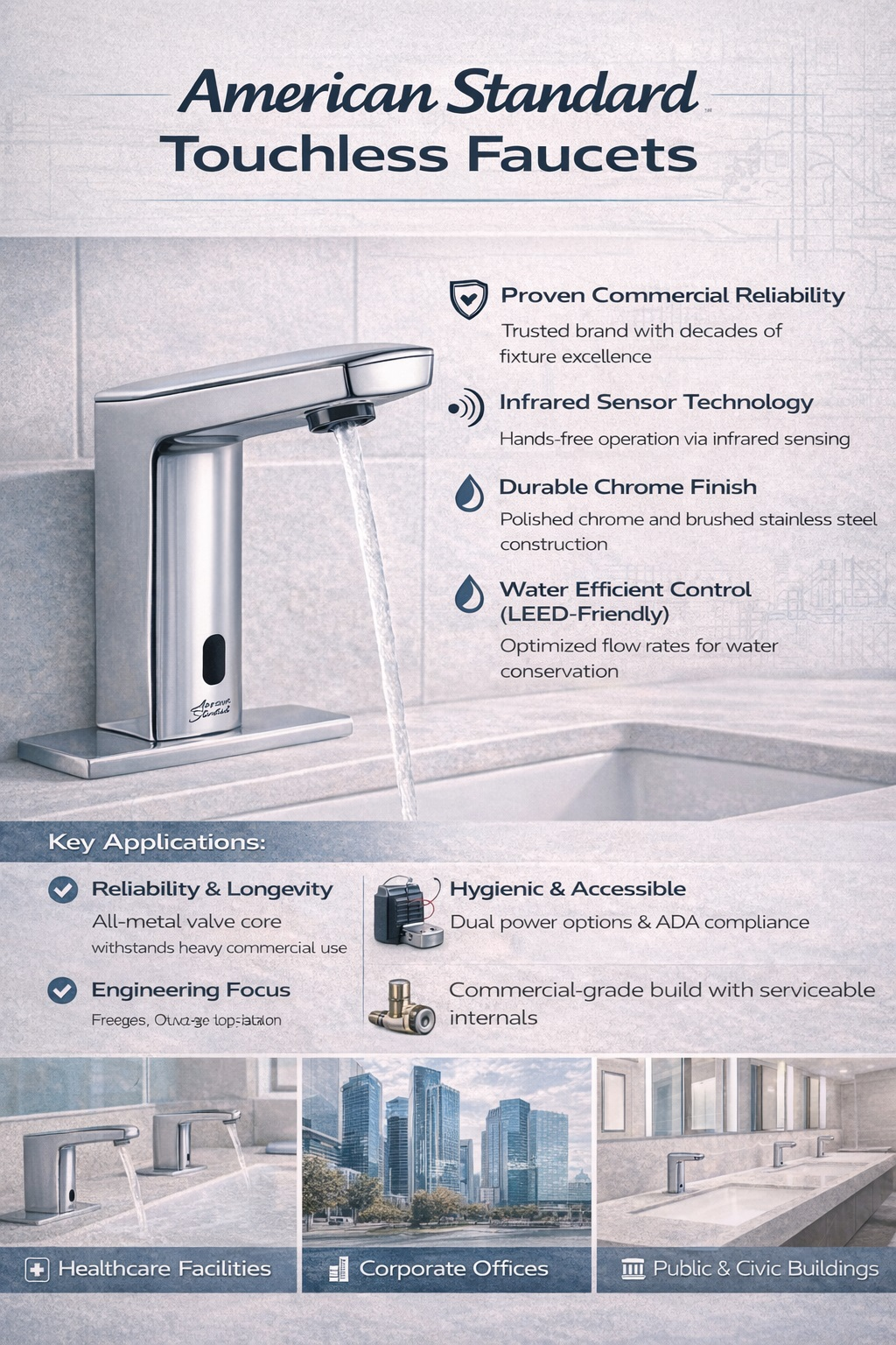 Commercial restroom with touchless sensor faucets illustrating specification-level comparison considerations
